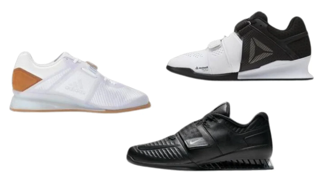 Examples comparing flat gym shoes with raised-heel weightlifting shoes