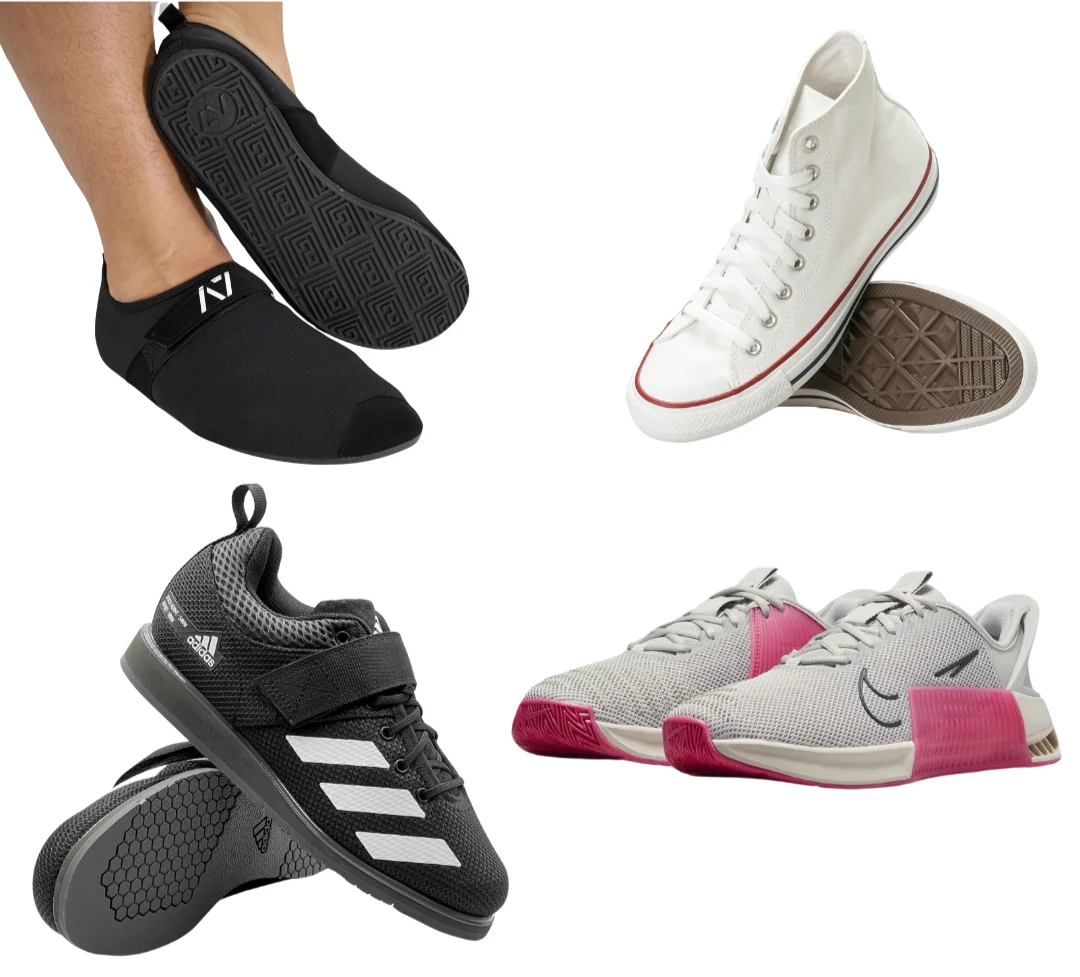 Examples of gym footwear including deadlift slippers, canvas trainers, CrossFit shoes and weightlifting shoes